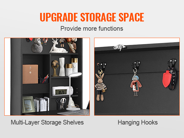 VEVOR wall mounted desk with multi-layer storage shelves, hanging hooks, and workspace in a modern room.