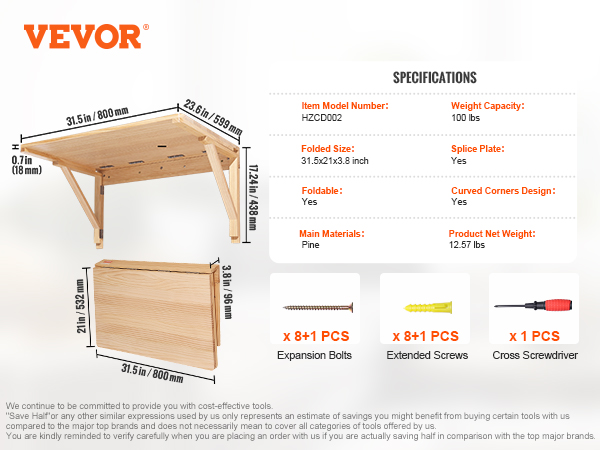 VEVOR wall mounted folding table, pine, 31.5x21x3.8 inch, 100 lbs capacity, foldable with curved corners.