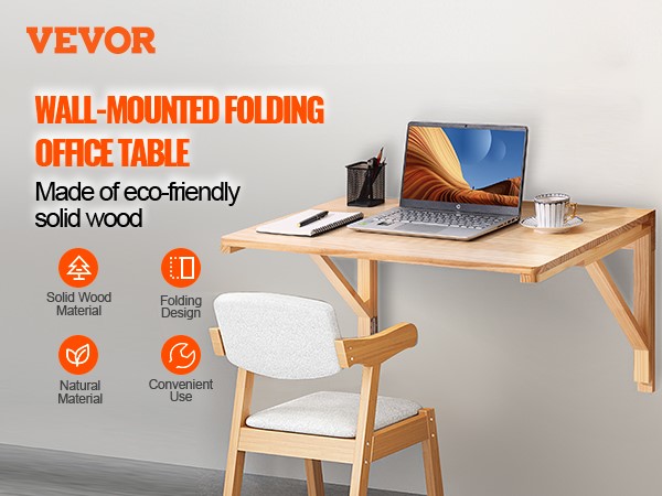 VEVOR wall-mounted folding office table, eco-friendly solid wood with laptop and coffee cup.