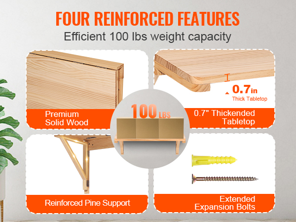 VEVOR wall mounted folding table, premium solid wood, 0.7" thickness, reinforced support, 100 lbs capacity.