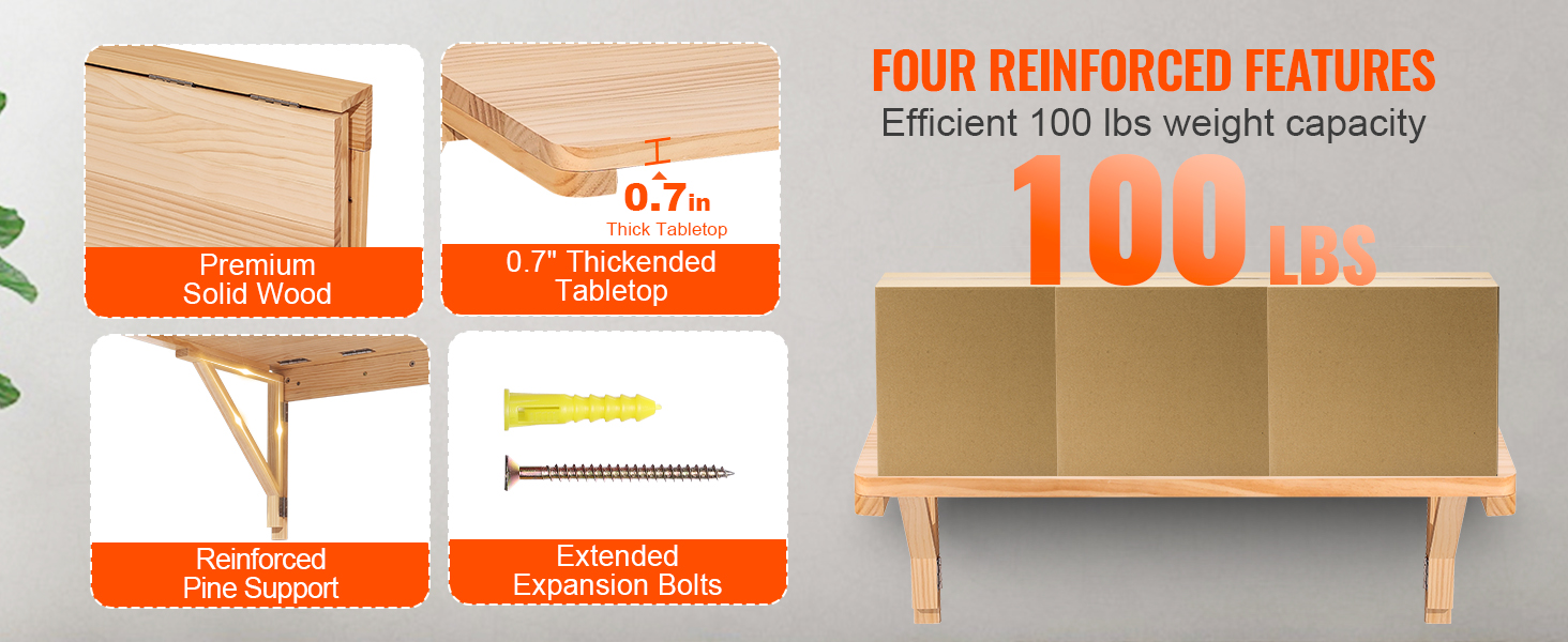 VEVOR wall mounted folding table, premium solid wood, 0.7" thickness, reinforced support, 100 lbs capacity.