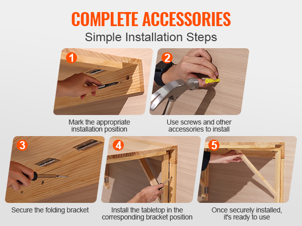 VEVOR wall mounted folding table, step-by-step installation guide, marking, screwing, securing, folding, ready to use.