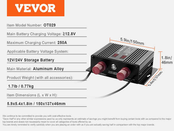 VEVOR battery isolator with 212.8v charging voltage, 250a current, and aluminum alloy body, model ot029.