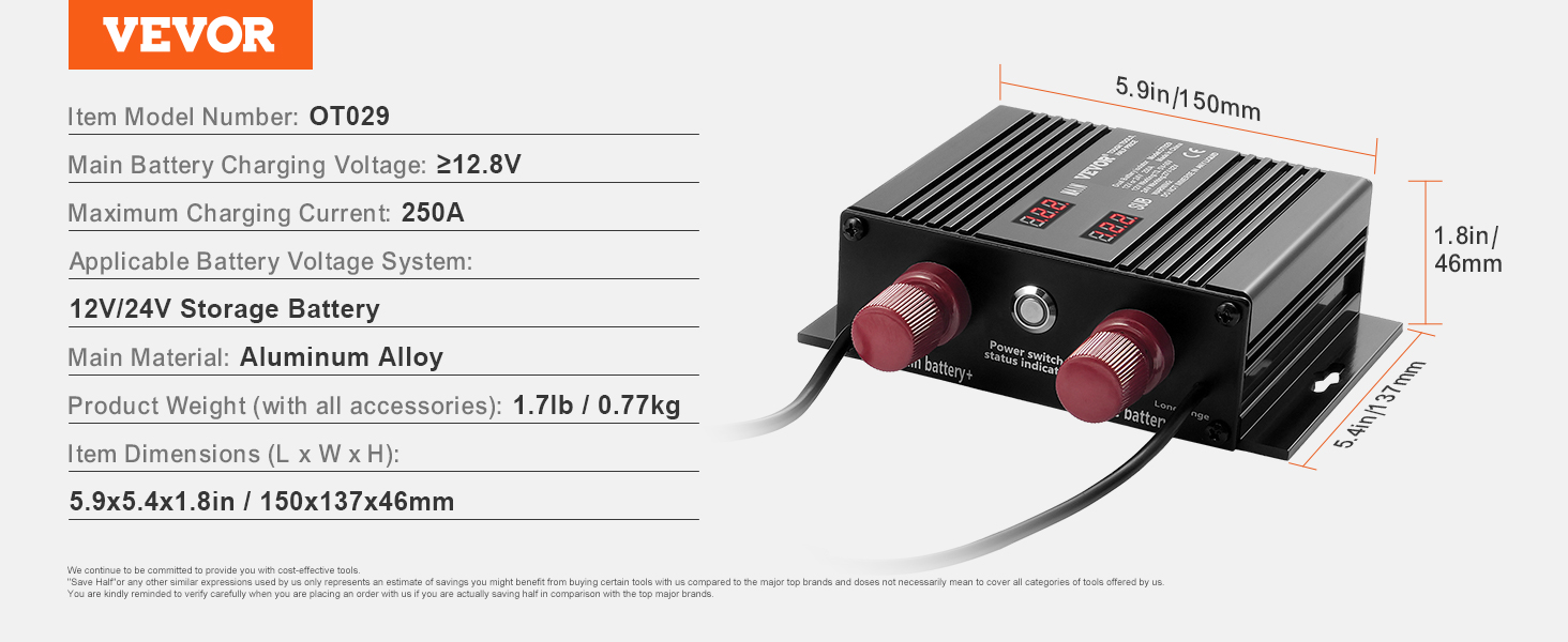 VEVOR battery isolator with 212.8v charging voltage, 250a current, and aluminum alloy body, model ot029.