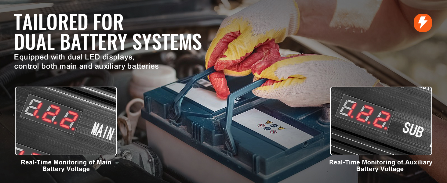 dual battery system with VEVOR battery isolator, featuring dual led displays for monitoring voltage.
