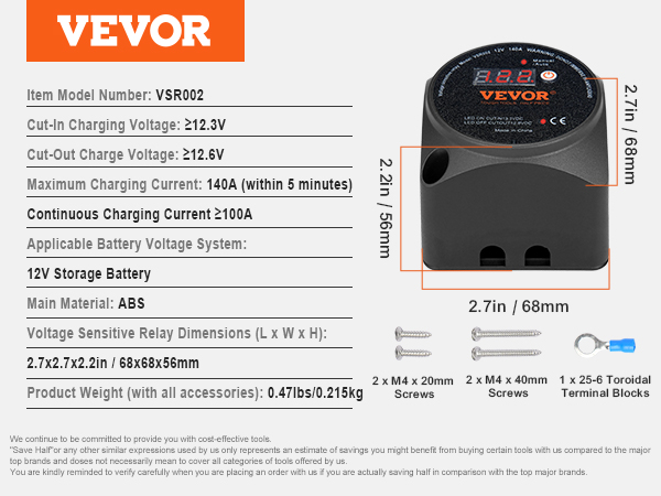 VEVOR dual battery isolator kit, item vsr002 specs, dimensions 2.7x2.7x2.2in, 12v, max 140a current.