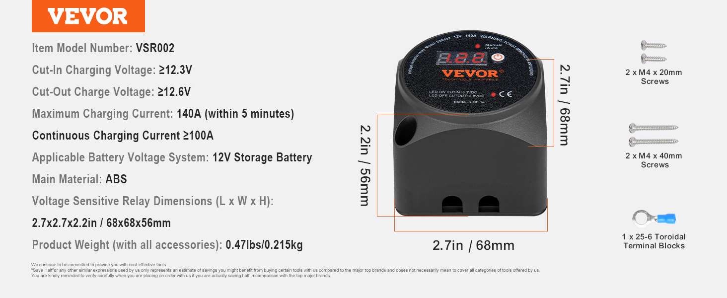 VEVOR dual battery isolator kit, item vsr002 specs, dimensions 2.7x2.7x2.2in, 12v, max 140a current.