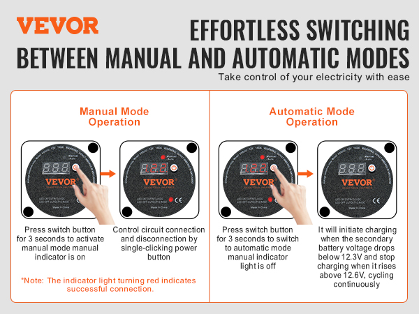 VEVOR dual battery isolator kit: manual and automatic mode operation guide by pressing the switch button.