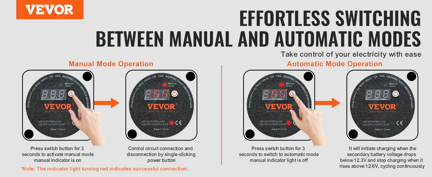 VEVOR dual battery isolator kit: manual and automatic mode operation guide by pressing the switch button.
