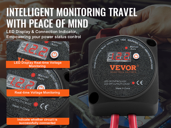 VEVOR dual battery isolator kit with led display and real-time voltage monitoring for power status control.