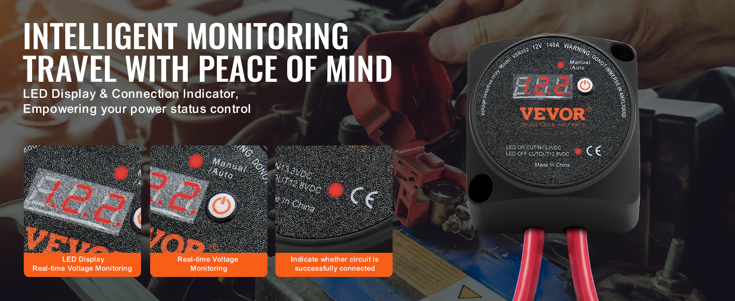 VEVOR dual battery isolator kit with led display and real-time voltage monitoring for power status control.