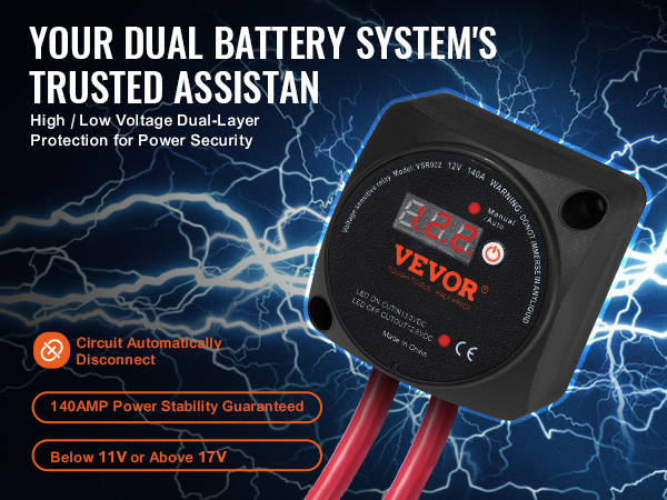 VEVOR dual battery isolator kit with led display, voltage protection, and automatic circuit disconnect.