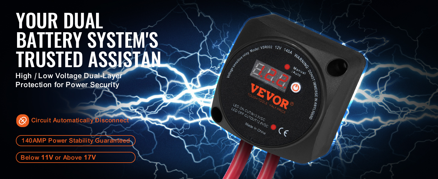 VEVOR dual battery isolator kit with led display, voltage protection, and automatic circuit disconnect.