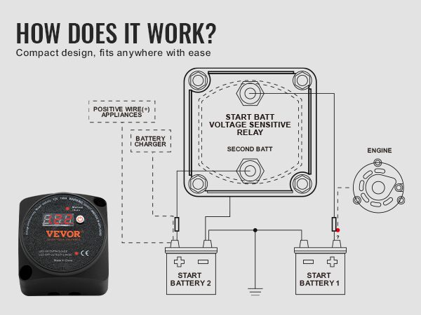 VEVOR dual battery isolator kit diagram demonstrating installation and components for ease of use.