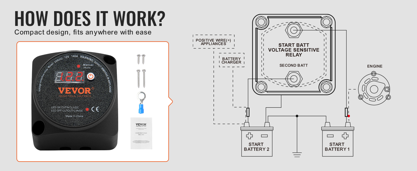 VEVOR dual battery isolator kit diagram demonstrating installation and components for ease of use.