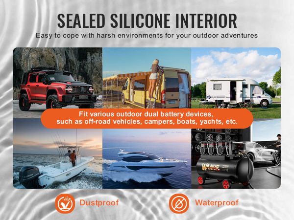 VEVOR dual battery isolator kit with waterproof, dustproof design for off-road vehicles, campers, boats.