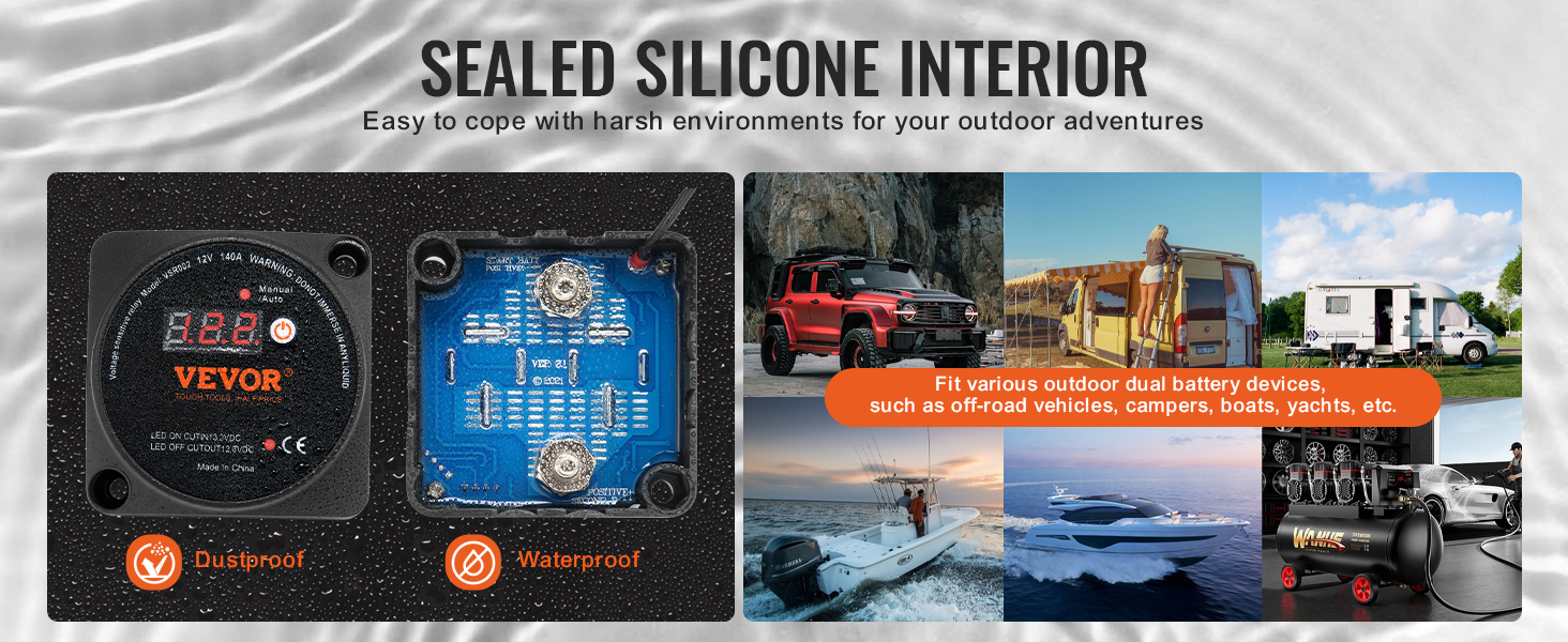 VEVOR dual battery isolator kit with waterproof, dustproof design for off-road vehicles, campers, boats.