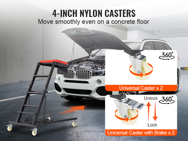 VEVOR automotive top creeper with 4-inch nylon casters, universal and locking, next to a white suv.