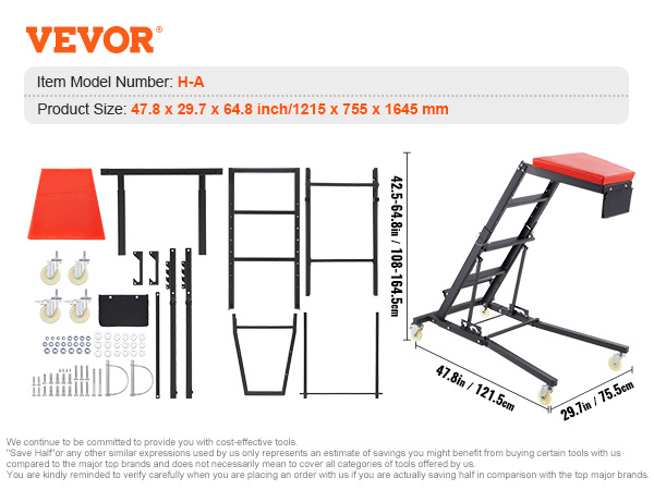 VEVOR engine creeper assembly parts, dimensions, and features. item model: h-a, 47.8 x 29.7 x 64.8 in.