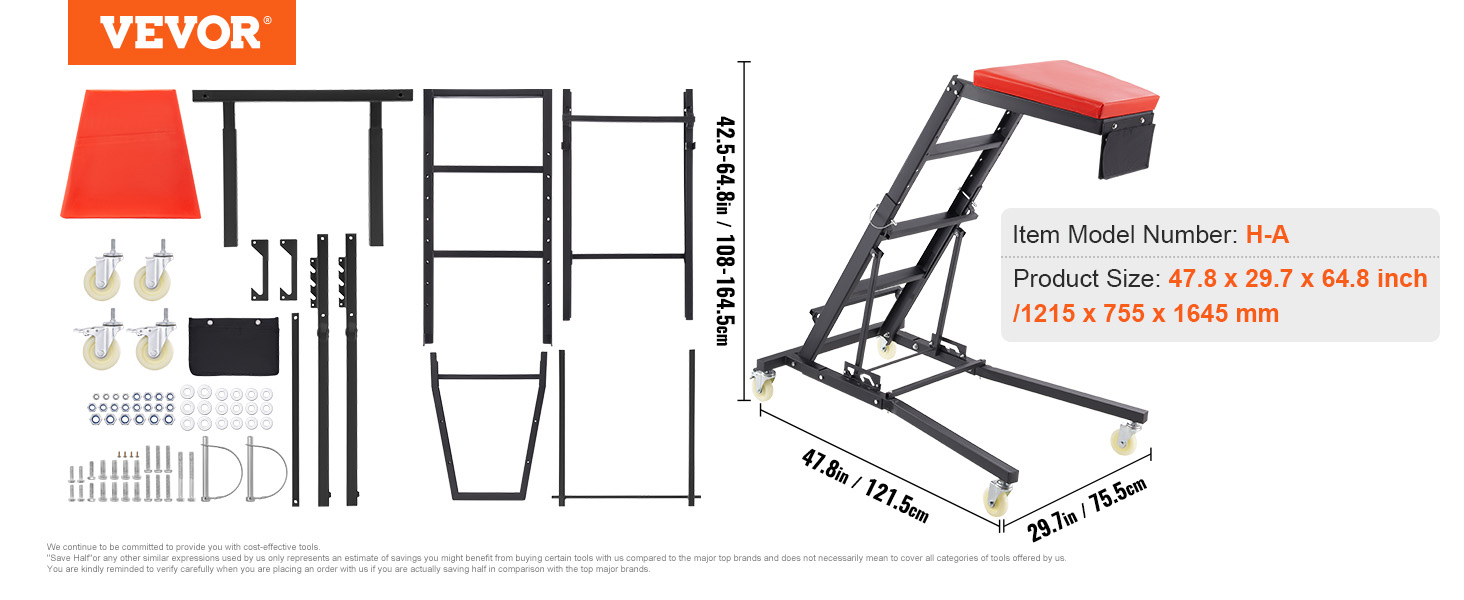 VEVOR engine creeper assembly parts, dimensions, and features. item model: h-a, 47.8 x 29.7 x 64.8 in.