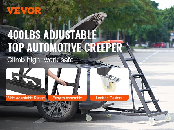 VEVOR engine creeper showcasing adjustable and easy-to-assemble features with a car hood open.