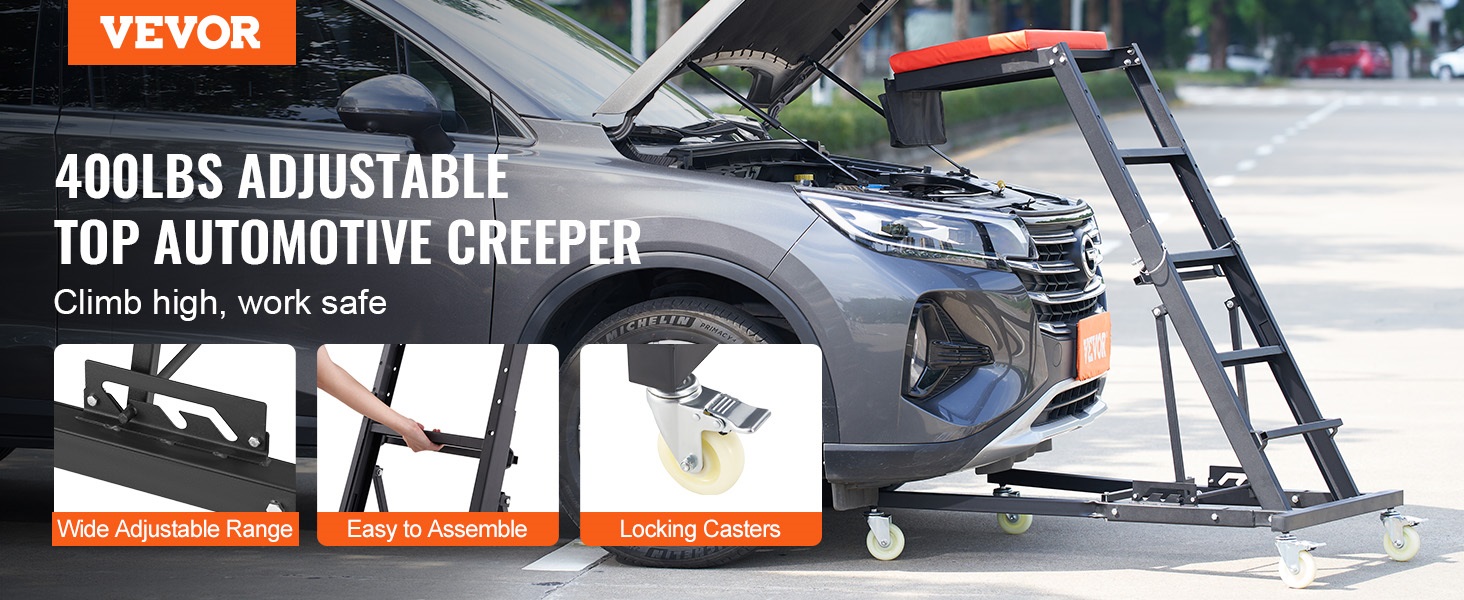 VEVOR engine creeper showcasing adjustable and easy-to-assemble features with a car hood open.