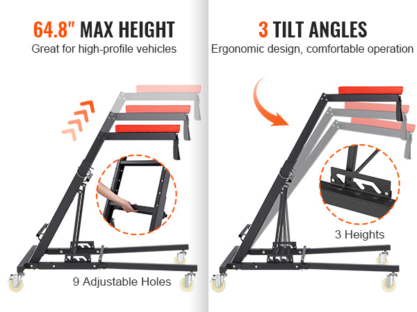 VEVOR engine creeper with 64.8” max height, 9 adjustable holes, 3 tilt angles for ergonomic operation.