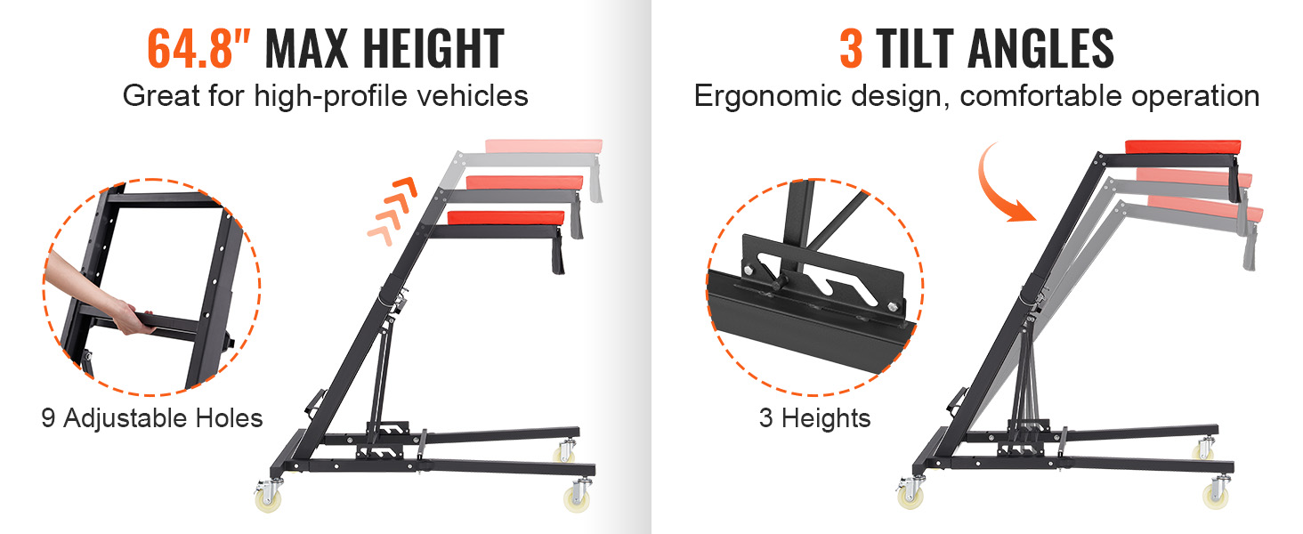 VEVOR engine creeper with 64.8” max height, 9 adjustable holes, 3 tilt angles for ergonomic operation.
