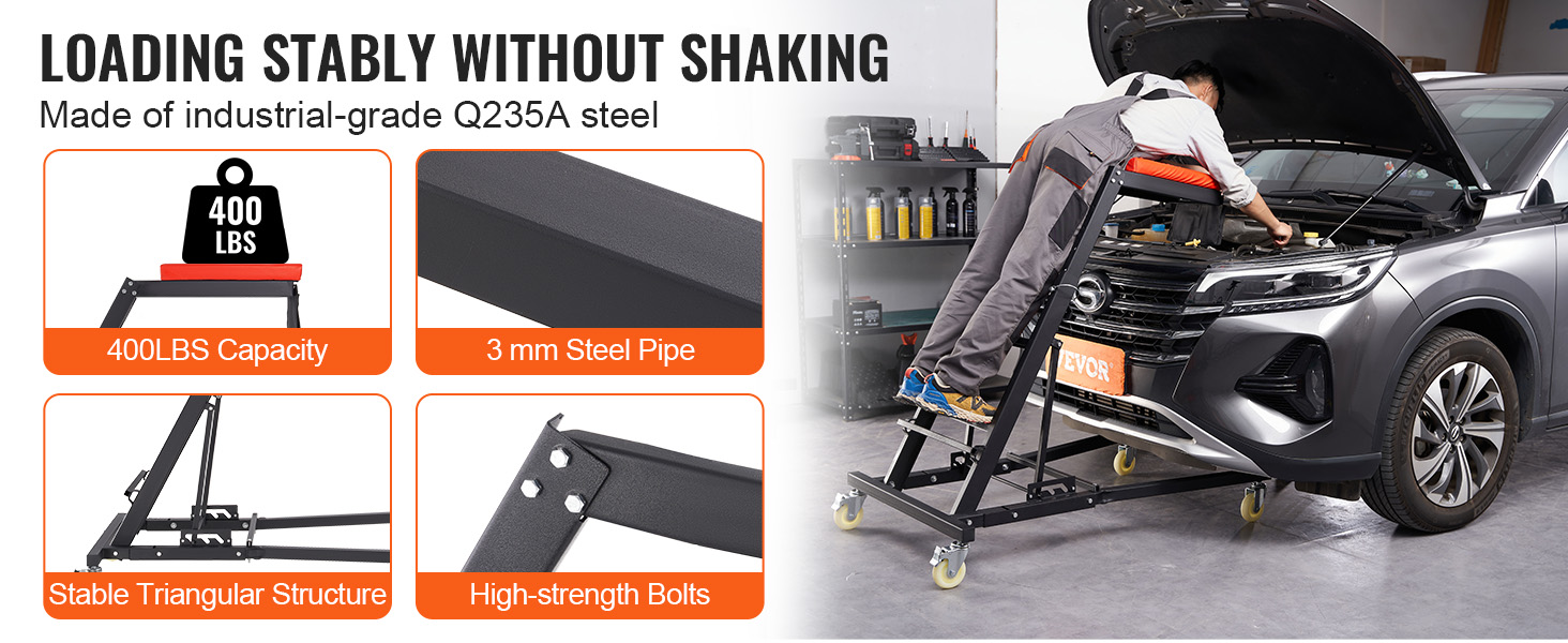 mechanic using VEVOR engine creeper with 400lbs capacity, made of q235a steel, stable triangular structure.