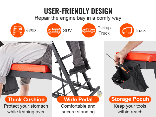user-friendly VEVOR engine creeper with thick cushion, wide pedal, storage pouch for jeep, suv, truck.
