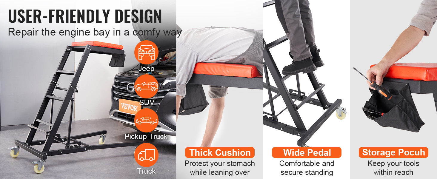 user-friendly VEVOR engine creeper with thick cushion, wide pedal, storage pouch for jeep, suv, truck.