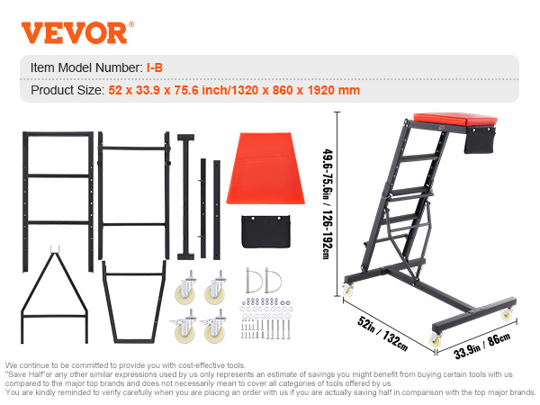 VEVOR automotive top creeper assembly, with dimensions and components laid out. model i-b.