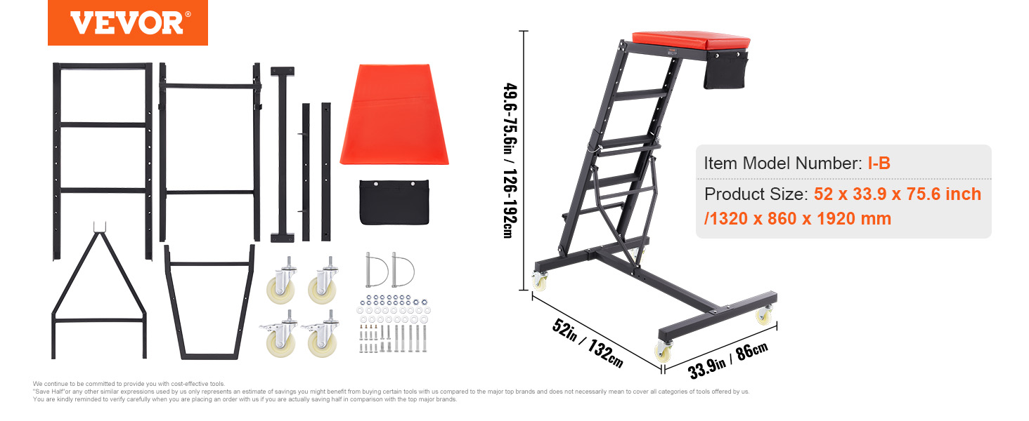VEVOR automotive top creeper assembly, with dimensions and components laid out. model i-b.