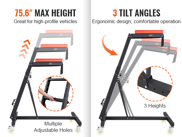VEVOR automotive top creeper with 75.6" max height, 3 tilt angles, and adjustable holes for high-profile vehicles.