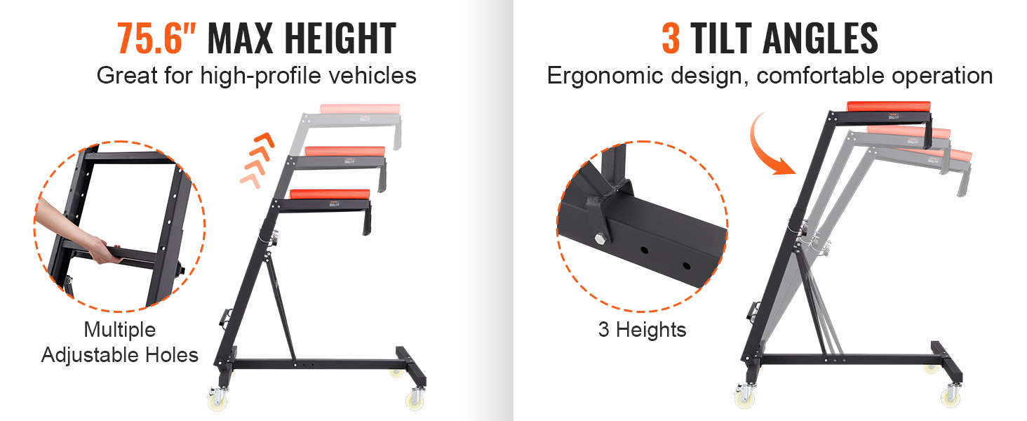 VEVOR automotive top creeper with 75.6" max height, 3 tilt angles, and adjustable holes for high-profile vehicles.