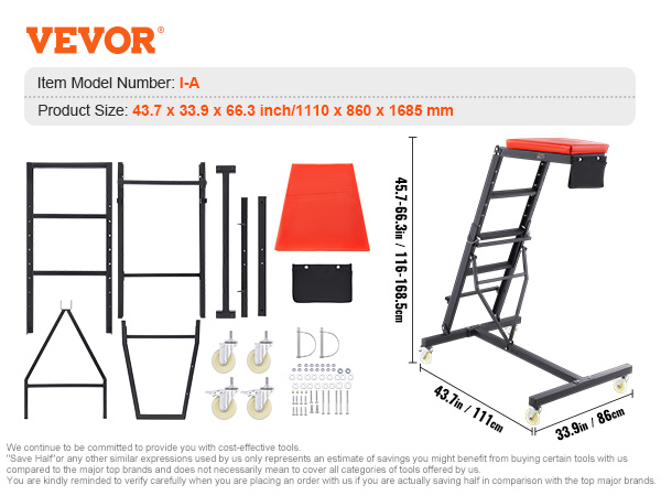 VEVOR automotive creeper with adjustable height, red cushion, wheels, and assembly parts. model i-a.
