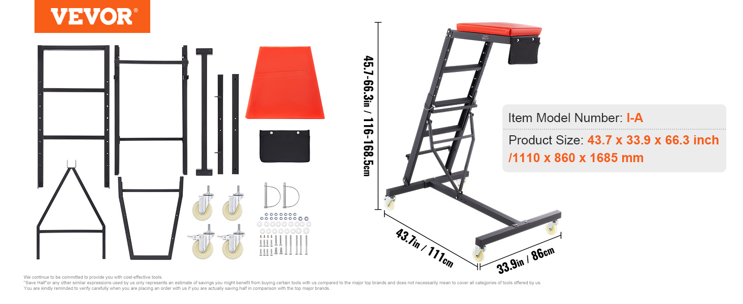 VEVOR automotive creeper with adjustable height, red cushion, wheels, and assembly parts. model i-a.