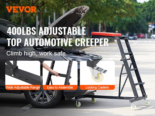 VEVOR automotive creeper with adjustable height, locking casters, and padded support next to car.