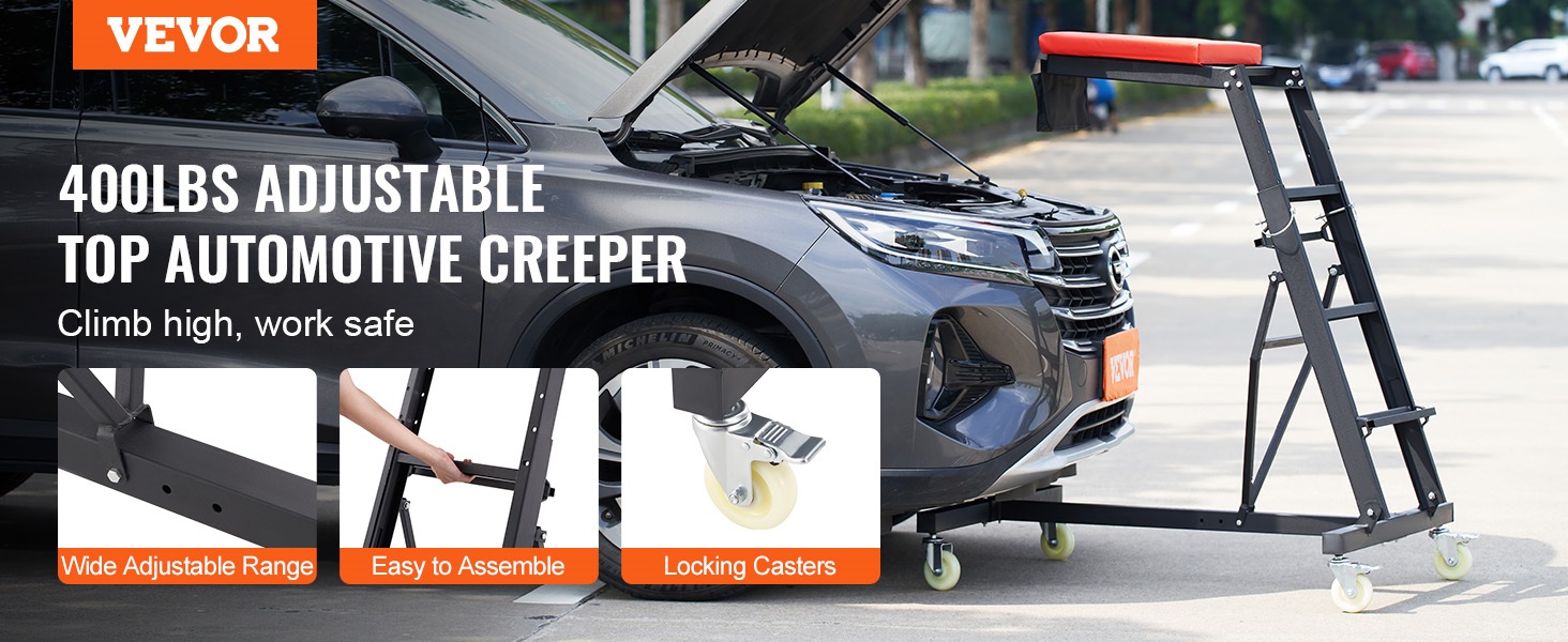 VEVOR automotive creeper with adjustable height, locking casters, and padded support next to car.