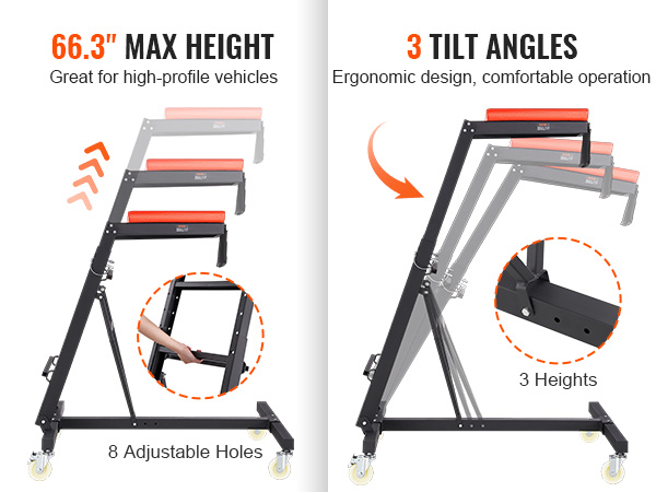 VEVOR automotive creeper with 66.3" max height, 8 adjustable holes, and 3 tilt angles for comfort.