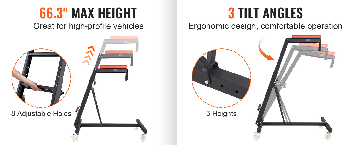 VEVOR automotive creeper with 66.3" max height, 8 adjustable holes, and 3 tilt angles for comfort.