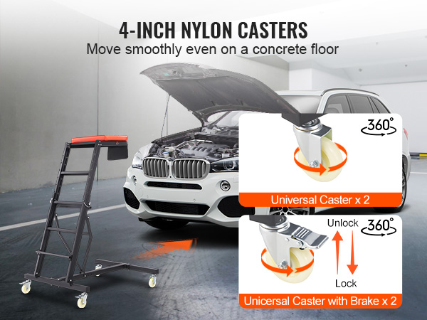 VEVOR automotive creeper with 4-inch nylon casters and universal wheel locks shown beside a white suv.