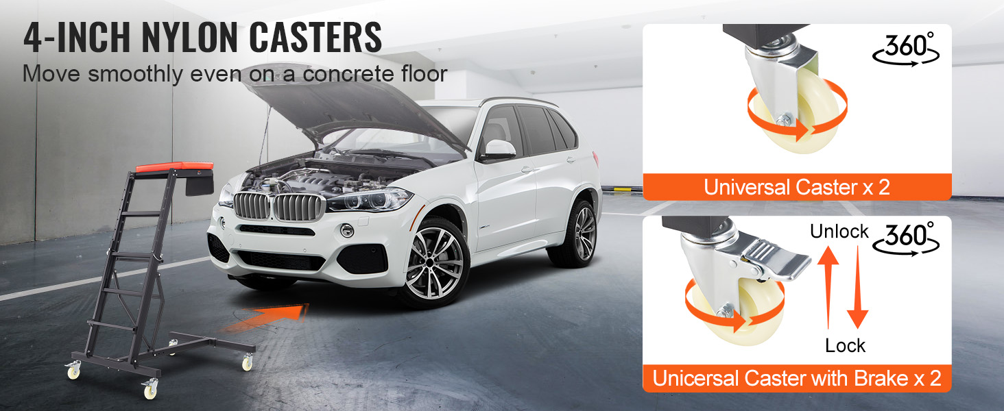 VEVOR automotive creeper with 4-inch nylon casters and universal wheel locks shown beside a white suv.