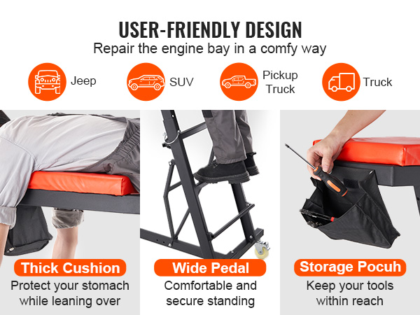 VEVOR automotive creeper with thick cushion, wide pedal, and storage pouch for easier vehicle repair.
