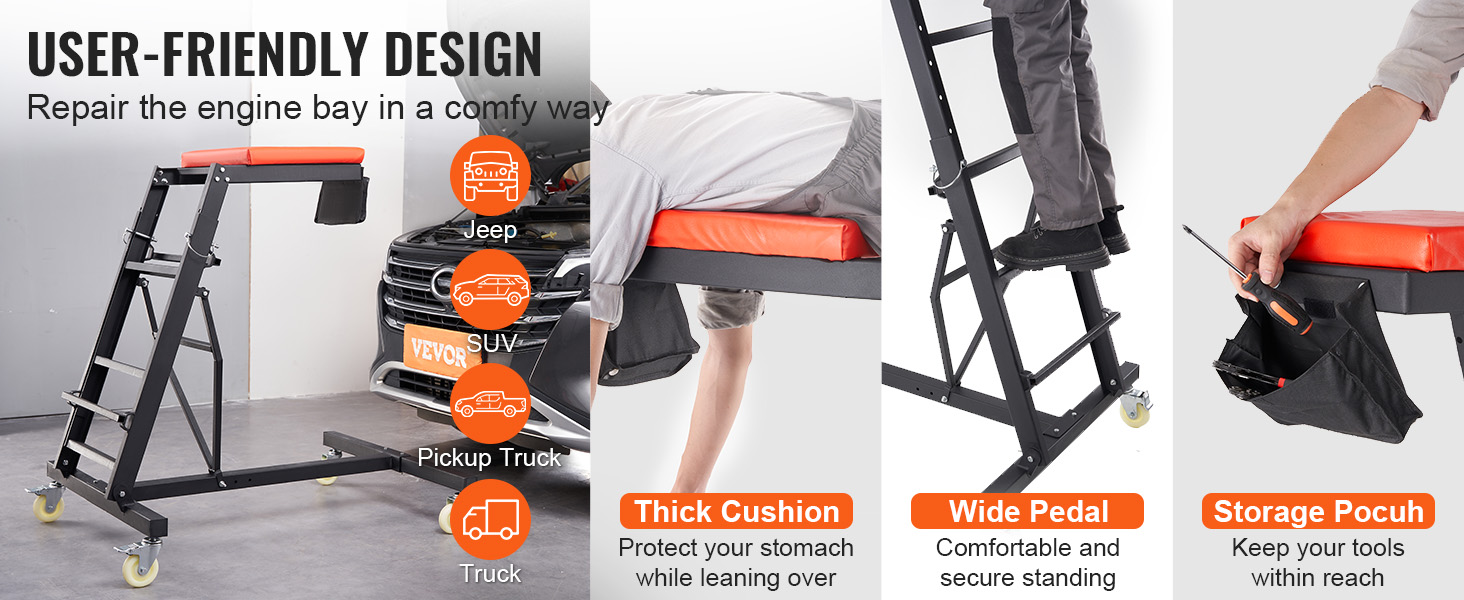 VEVOR automotive creeper with thick cushion, wide pedal, and storage pouch for easier vehicle repair.