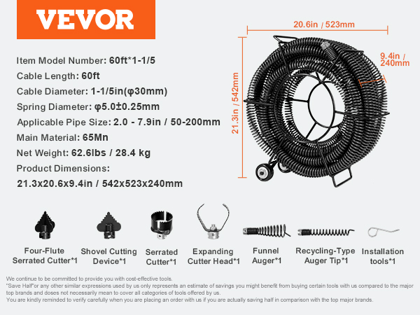 VEVOR drenāžas tīrīšanas kabelis, 60 pēdu garums, φ5,0 mm atspere, caurules izmērs 2,0-7,9 collas, 65 mn materiāls, 62,6 lbs.