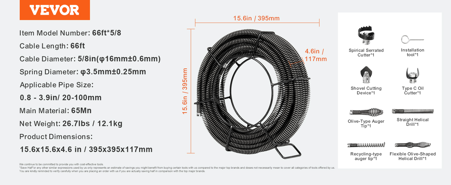 VEVOR drain cleaning cable, 66ft length with various cutters, 15.6x15.6x4.6 inch dimensions.
