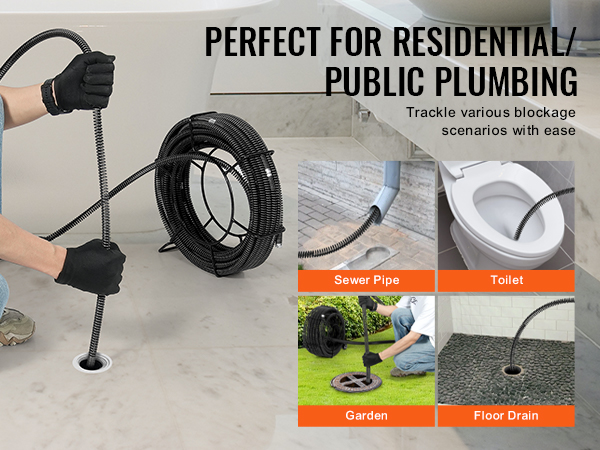 person using VEVOR drain cleaning cable for plumbing tasks, suitable for sewers, toilets, gardens, and floor drains.