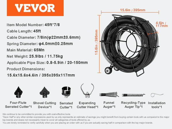 VEVOR drain cleaning cable kit with 45ft cable, cutters, auger, and installation tools, dimensions listed.