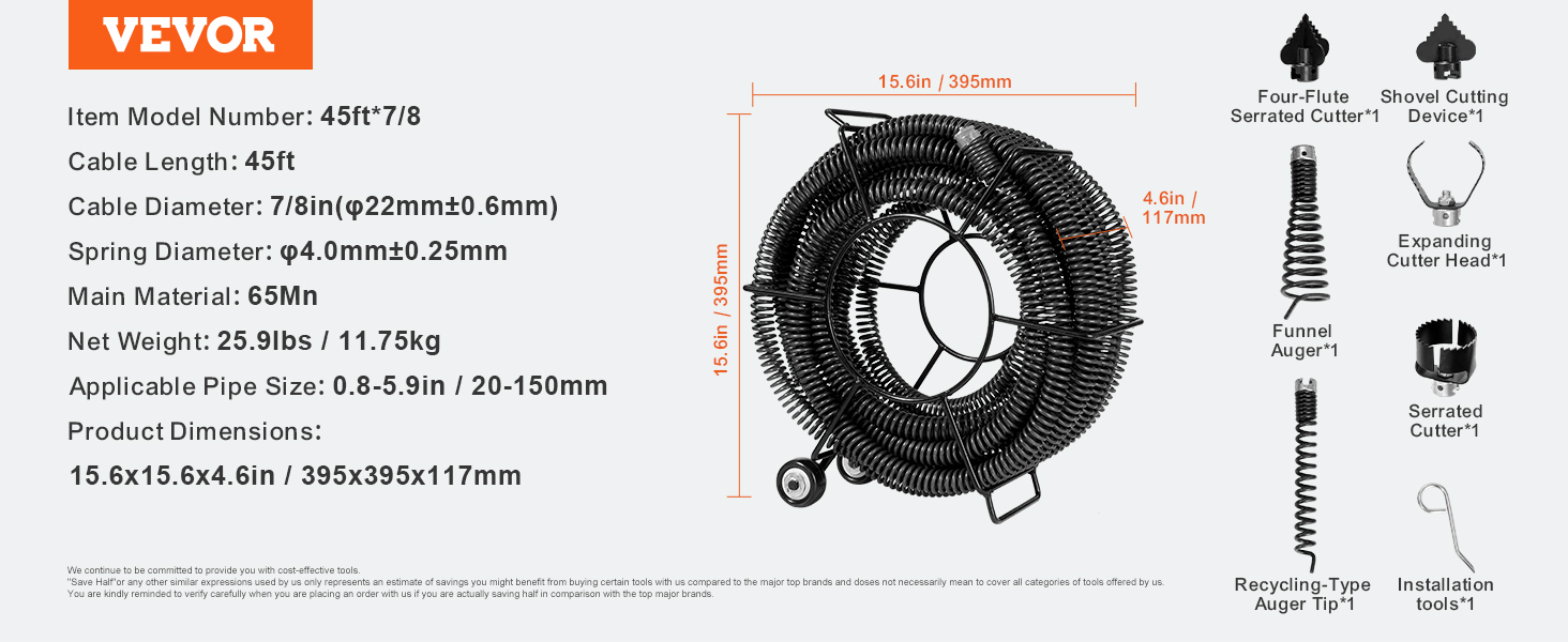 VEVOR drain cleaning cable kit with 45ft cable, cutters, auger, and installation tools, dimensions listed.